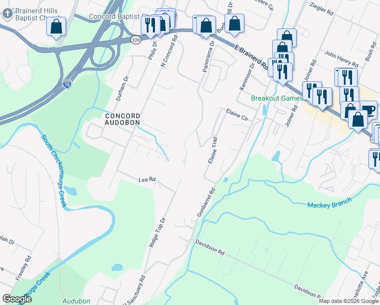 map of restaurants, bars, coffee shops, grocery stores, and more near 7204 Sylvia Trail in Chattanooga