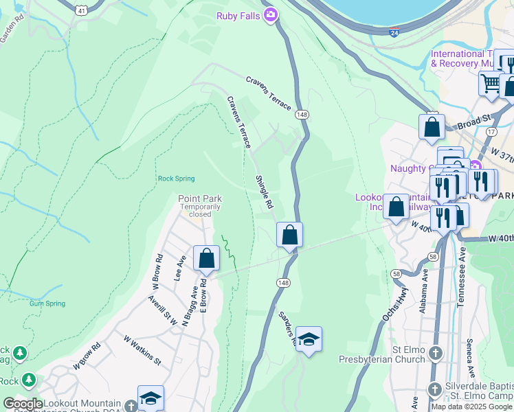 map of restaurants, bars, coffee shops, grocery stores, and more near 1048 Shingle Road in Chattanooga