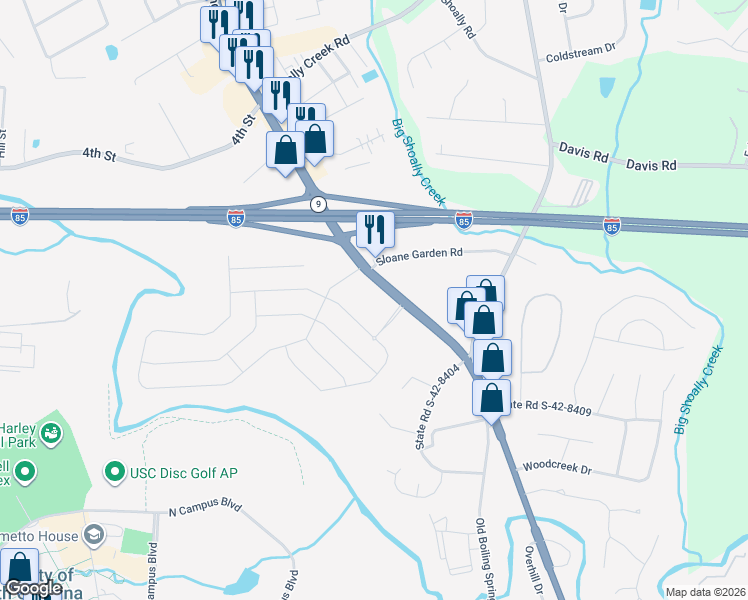 map of restaurants, bars, coffee shops, grocery stores, and more near 1561 Boiling Springs Road in Boiling Springs