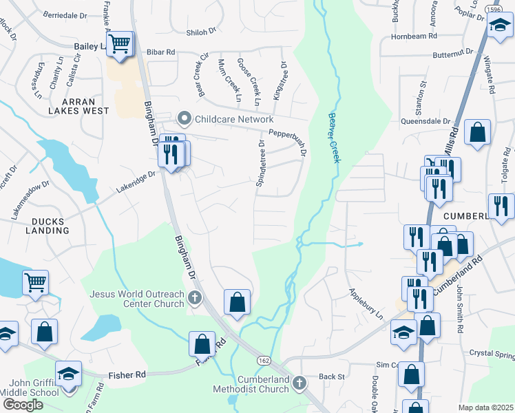 map of restaurants, bars, coffee shops, grocery stores, and more near 2276 Spindle Tree Drive in Fayetteville