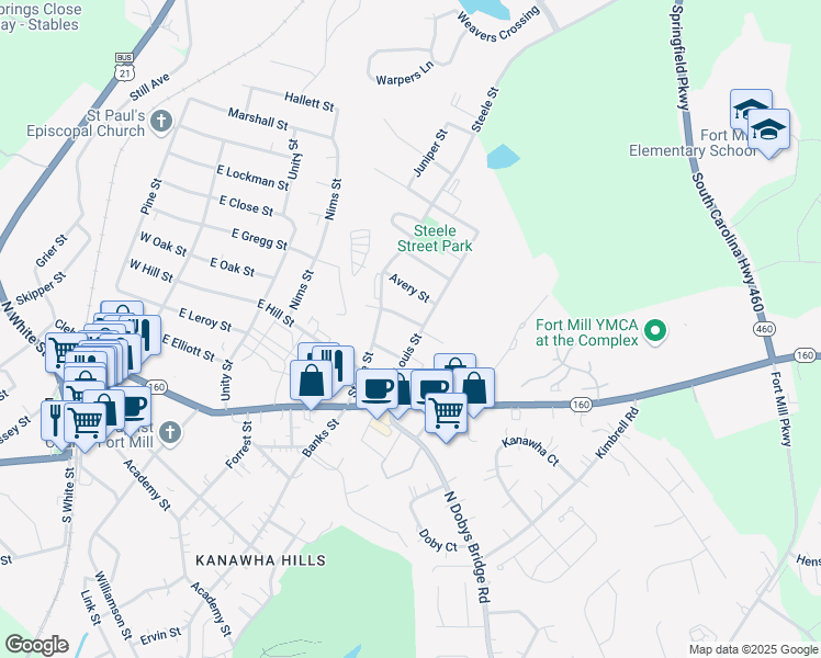 map of restaurants, bars, coffee shops, grocery stores, and more near 109 Randolph Street in Fort Mill