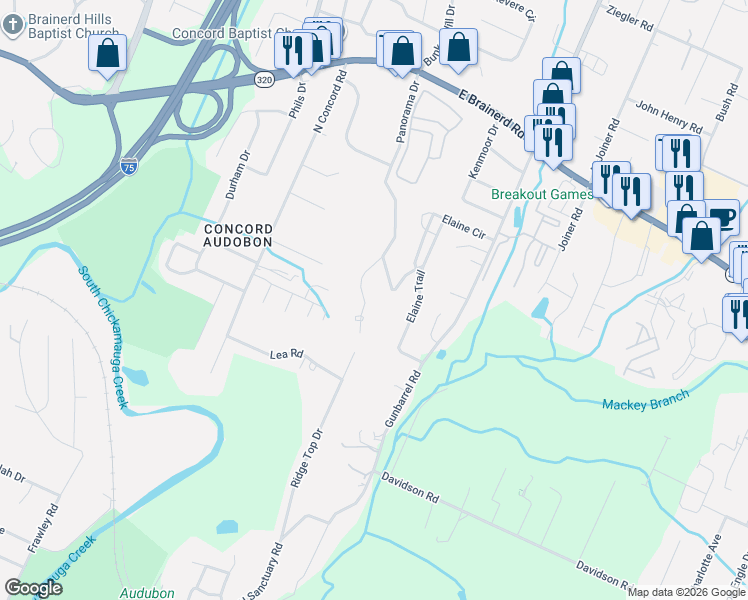 map of restaurants, bars, coffee shops, grocery stores, and more near 7204 Sylvia Trail in Chattanooga