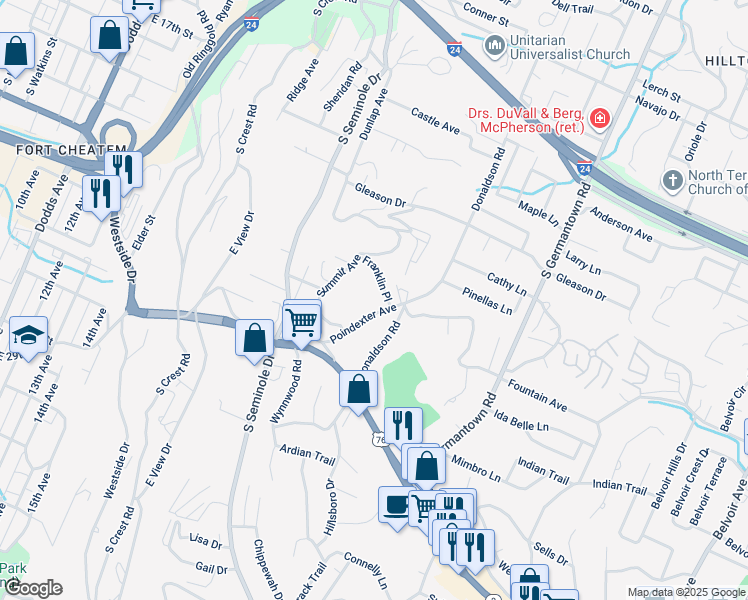 map of restaurants, bars, coffee shops, grocery stores, and more near 811 Poindexter Avenue in Chattanooga