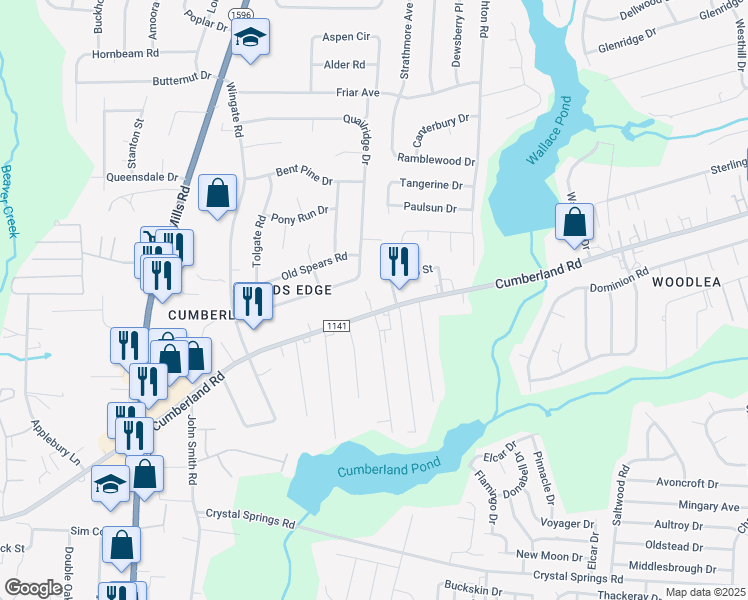 map of restaurants, bars, coffee shops, grocery stores, and more near 4428 Cumberland Road in Fayetteville