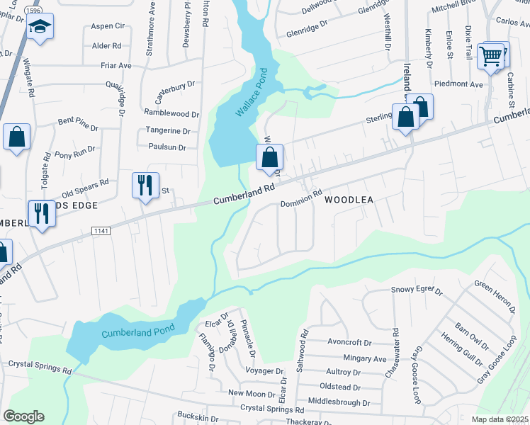 map of restaurants, bars, coffee shops, grocery stores, and more near 4723-4731 Dominion Road in Fayetteville
