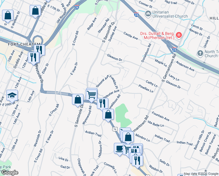 map of restaurants, bars, coffee shops, grocery stores, and more near 811 Poindexter Avenue in Chattanooga