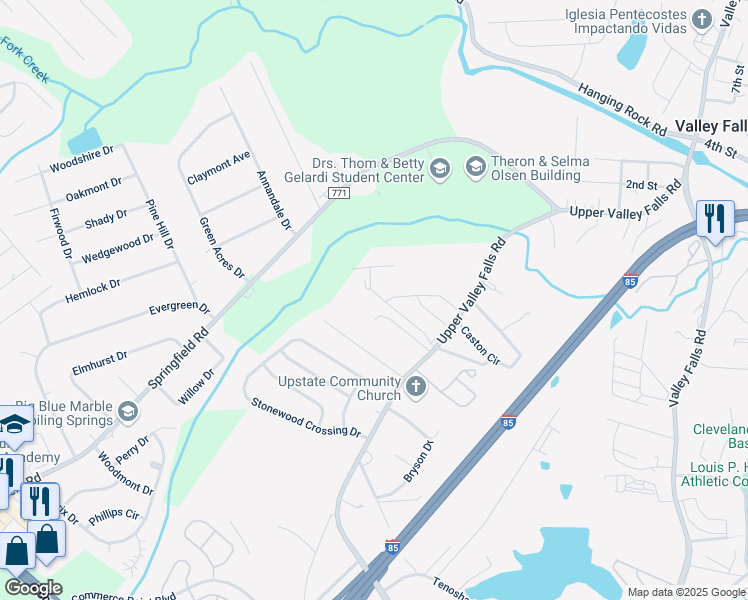 map of restaurants, bars, coffee shops, grocery stores, and more near 801 Upper Valley Falls Road in Spartanburg