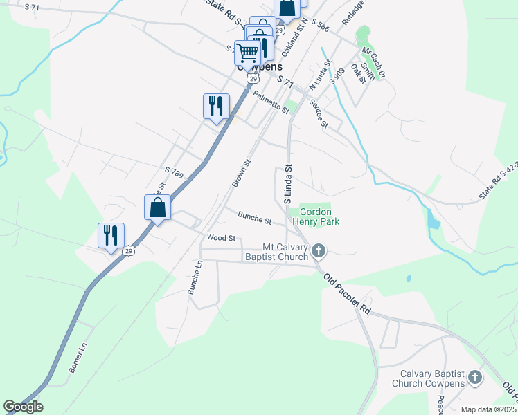 map of restaurants, bars, coffee shops, grocery stores, and more near 137 Bunche Street in Cowpens