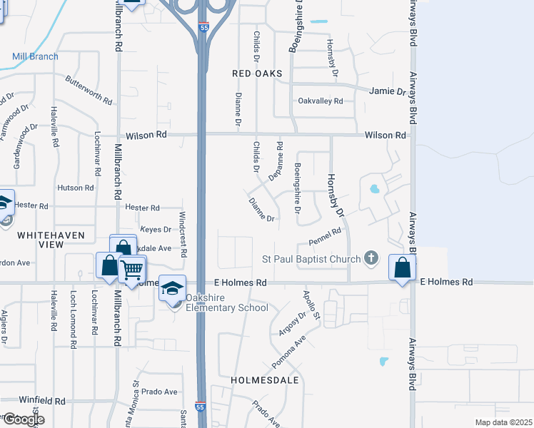 map of restaurants, bars, coffee shops, grocery stores, and more near 5080 Dianne Drive in Memphis