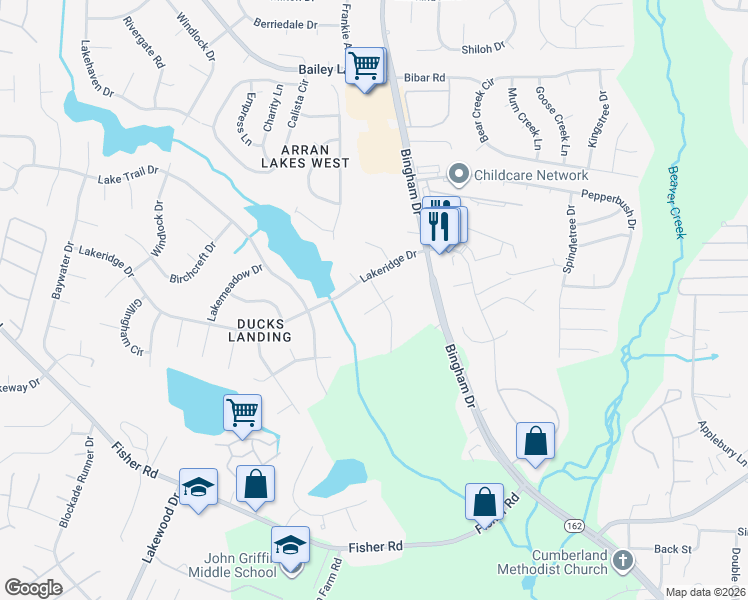 map of restaurants, bars, coffee shops, grocery stores, and more near 2008 Westfork Dr in Fayetteville