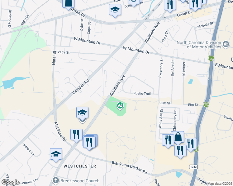 map of restaurants, bars, coffee shops, grocery stores, and more near 2810 Needle Lane in Fayetteville