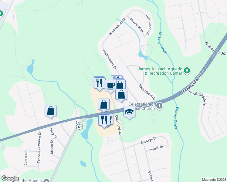 map of restaurants, bars, coffee shops, grocery stores, and more near 1930 Club Pond Road in Raeford