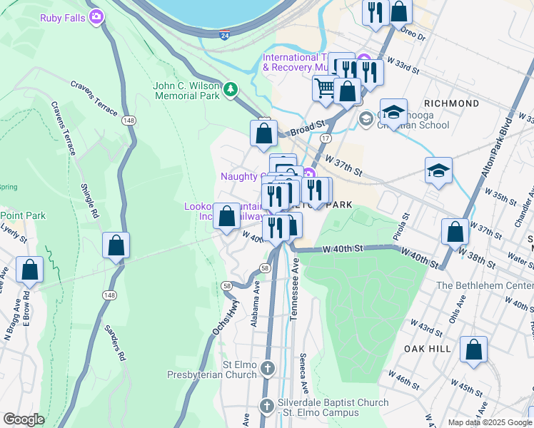 map of restaurants, bars, coffee shops, grocery stores, and more near 201 Old Mountain Road in Chattanooga