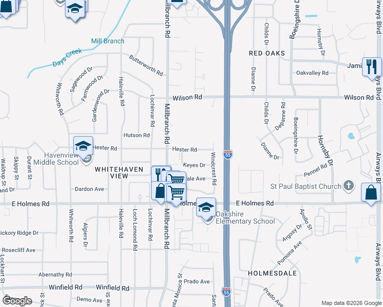 map of restaurants, bars, coffee shops, grocery stores, and more near 1739 Hester Road in Memphis