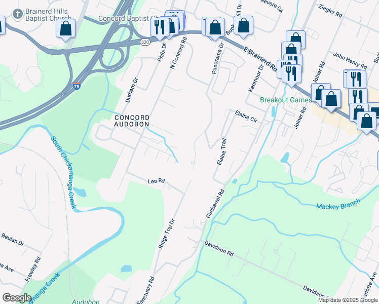map of restaurants, bars, coffee shops, grocery stores, and more near 1013 Panorama Drive in Chattanooga