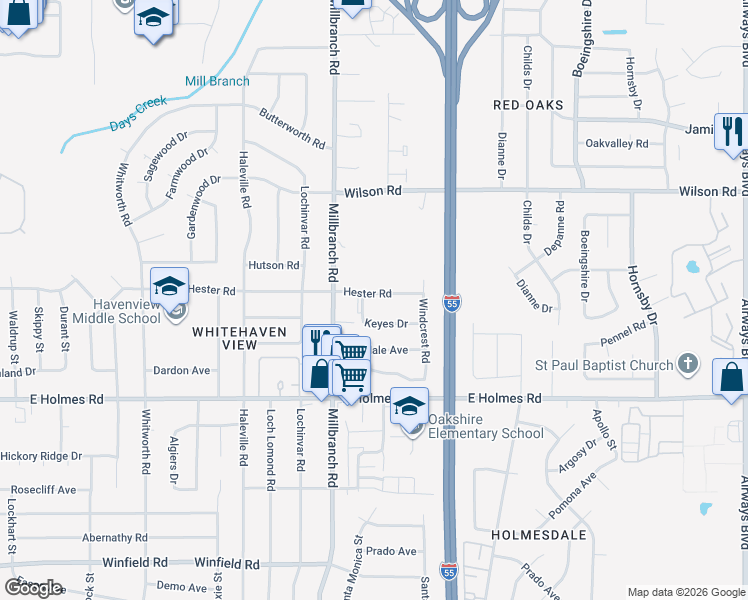 map of restaurants, bars, coffee shops, grocery stores, and more near 1739 Hester Road in Memphis