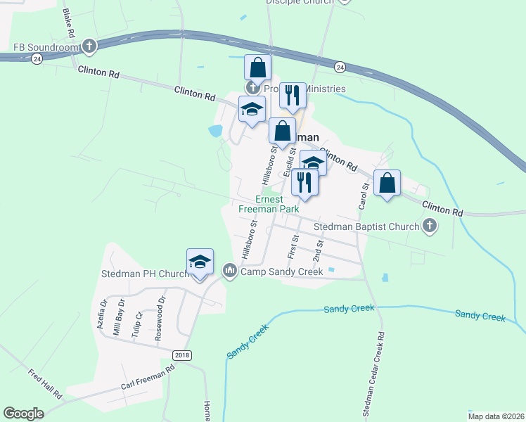 map of restaurants, bars, coffee shops, grocery stores, and more near 5054 Front Street in Stedman