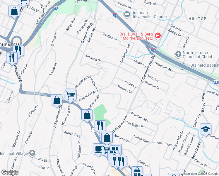map of restaurants, bars, coffee shops, grocery stores, and more near 874 Donaldson Road in Chattanooga