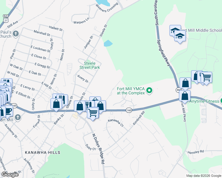map of restaurants, bars, coffee shops, grocery stores, and more near 127 Bozeman Drive in Fort Mill