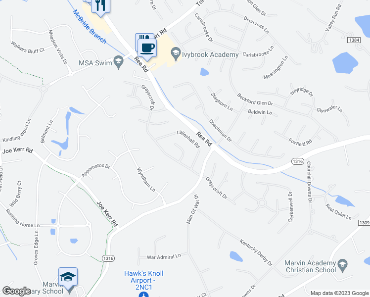 map of restaurants, bars, coffee shops, grocery stores, and more near 9008 Chilthorne Court in Waxhaw