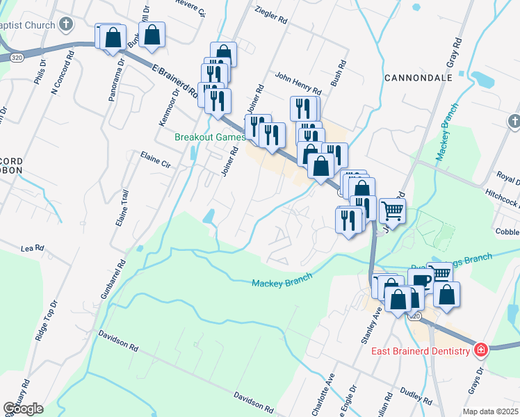 map of restaurants, bars, coffee shops, grocery stores, and more near 1344 Stratton Place Drive in Chattanooga