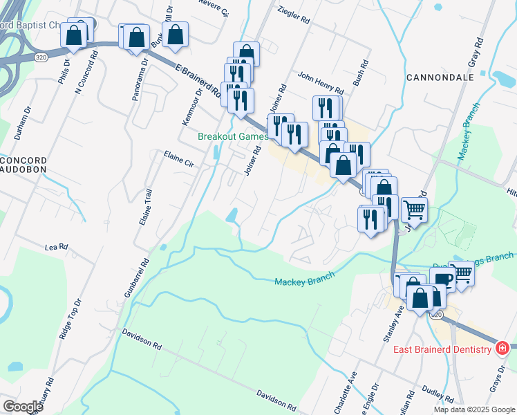 map of restaurants, bars, coffee shops, grocery stores, and more near 7526 Eric Drive in Chattanooga
