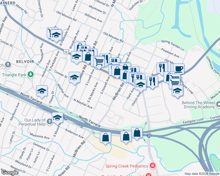 map of restaurants, bars, coffee shops, grocery stores, and more near 104 South Howell Avenue in Chattanooga