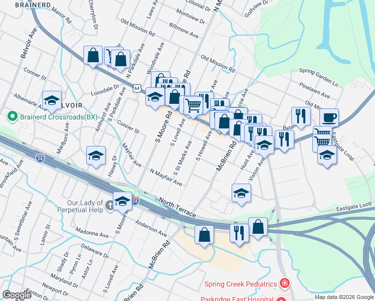 map of restaurants, bars, coffee shops, grocery stores, and more near 112 South Saint Marks Avenue in Chattanooga