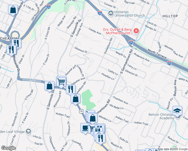map of restaurants, bars, coffee shops, grocery stores, and more near 874 Donaldson Road in Chattanooga