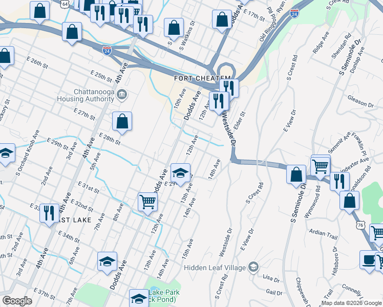 map of restaurants, bars, coffee shops, grocery stores, and more near 2604 12th Avenue in Chattanooga