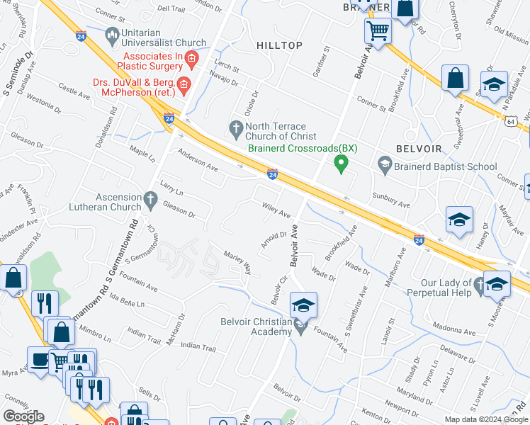 map of restaurants, bars, coffee shops, grocery stores, and more near 3810 Wiley Avenue in Chattanooga