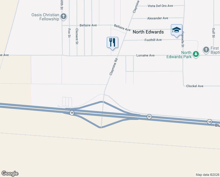 map of restaurants, bars, coffee shops, grocery stores, and more near 12686 Claymine Road in North Edwards