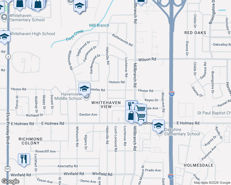 map of restaurants, bars, coffee shops, grocery stores, and more near 1597 Hester Road in Memphis