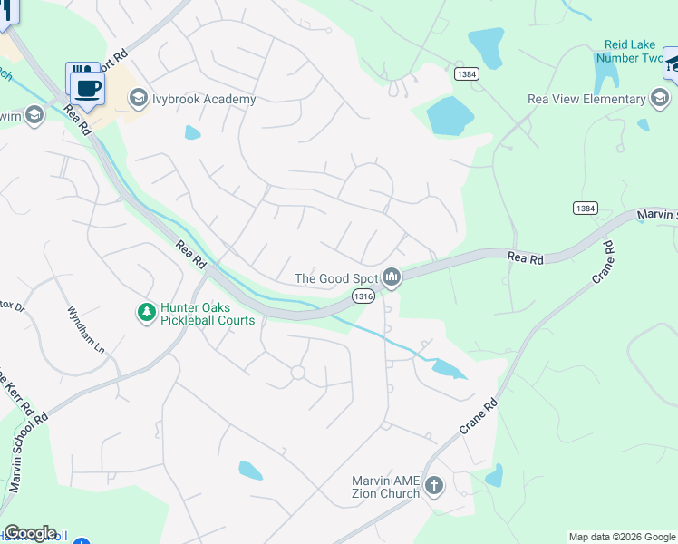 map of restaurants, bars, coffee shops, grocery stores, and more near 1415 Coachman Dr in Waxhaw