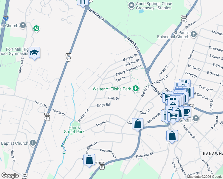 map of restaurants, bars, coffee shops, grocery stores, and more near 403 Calhoun Street in Fort Mill