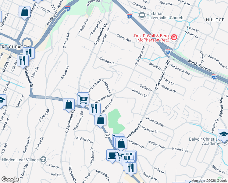 map of restaurants, bars, coffee shops, grocery stores, and more near 831 Donaldson Road in Chattanooga