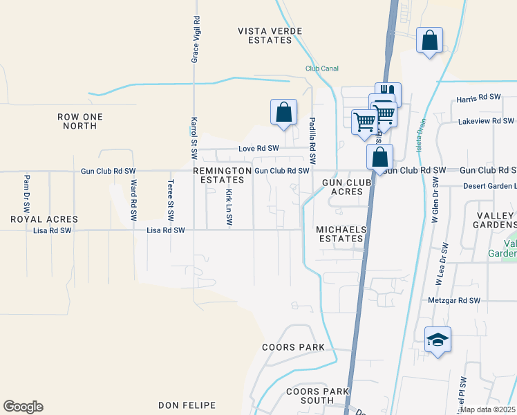 map of restaurants, bars, coffee shops, grocery stores, and more near 4408 Don Pedro Padilla Road Southwest in Albuquerque