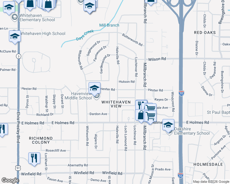 map of restaurants, bars, coffee shops, grocery stores, and more near 5075 Haleville Road in Memphis