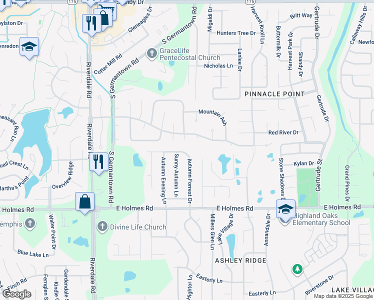 map of restaurants, bars, coffee shops, grocery stores, and more near 7188 Autumn Forrest Drive in Memphis