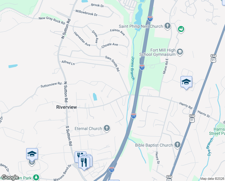 map of restaurants, bars, coffee shops, grocery stores, and more near 1549 Spring Blossom Trail in Fort Mill