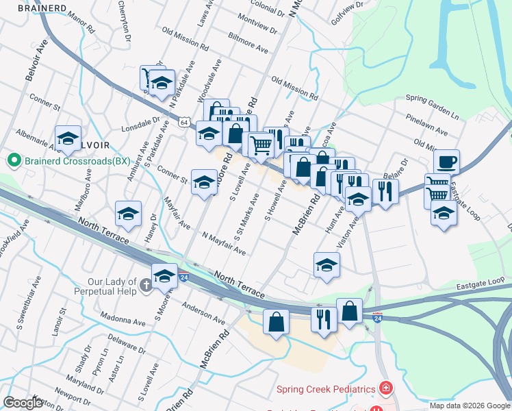 map of restaurants, bars, coffee shops, grocery stores, and more near 112 South Saint Marks Avenue in Chattanooga