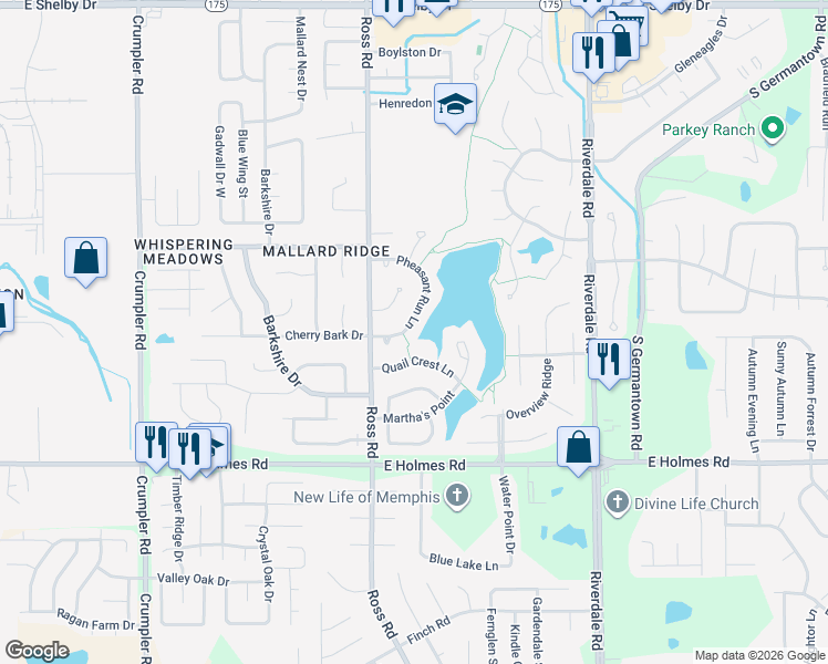 map of restaurants, bars, coffee shops, grocery stores, and more near 5056 Pheasant Run Lane in Memphis