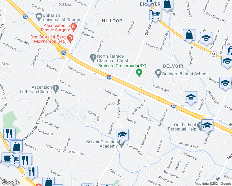 map of restaurants, bars, coffee shops, grocery stores, and more near 3907 Wiley Avenue in Chattanooga