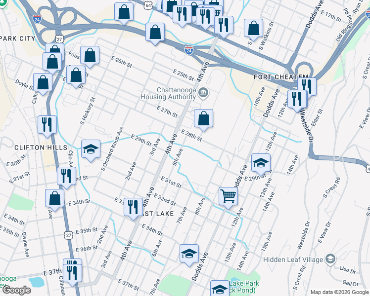 map of restaurants, bars, coffee shops, grocery stores, and more near 2812 5th Ave in Chattanooga