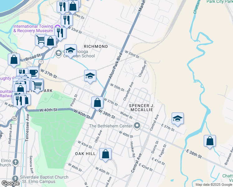 map of restaurants, bars, coffee shops, grocery stores, and more near 3511 Ohls Avenue in Chattanooga