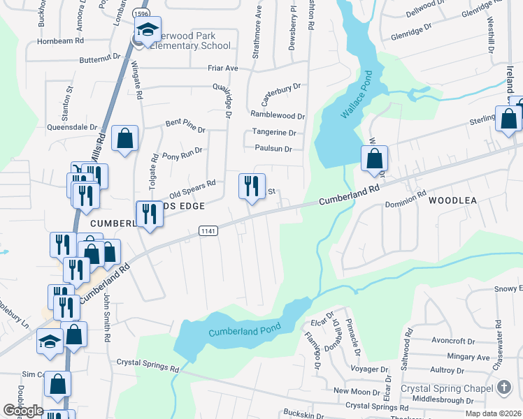 map of restaurants, bars, coffee shops, grocery stores, and more near 4338 Cumberland Road in Fayetteville