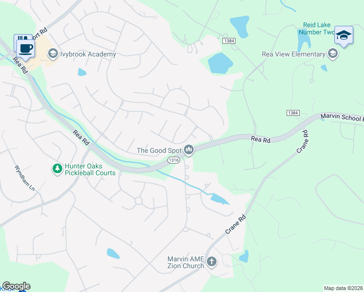 map of restaurants, bars, coffee shops, grocery stores, and more near 1206 Foxfield Road in Waxhaw