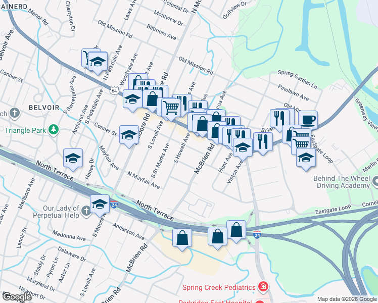 map of restaurants, bars, coffee shops, grocery stores, and more near 104 South Howell Avenue in Chattanooga