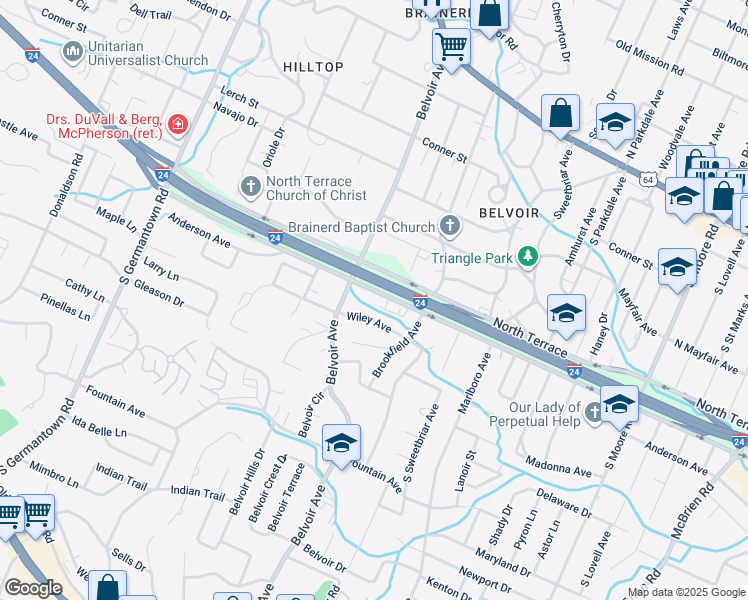 map of restaurants, bars, coffee shops, grocery stores, and more near 4016 South Terrace in Chattanooga