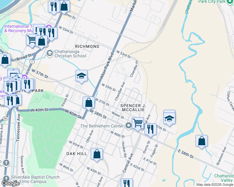 map of restaurants, bars, coffee shops, grocery stores, and more near 3507 Chandler Avenue in Chattanooga
